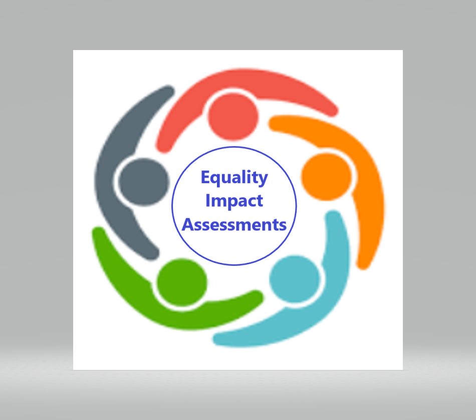 image showing a group of people surrounding the words equality impact assessments