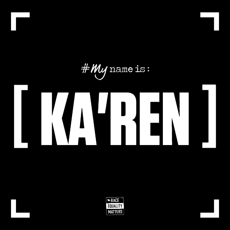 Image shows the phonetic spelling of the name Karen in white writing on a black background